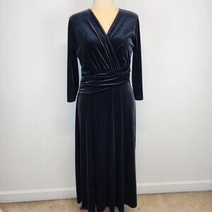 Chaus Velvet Ruched Cocktail Dress Size L Black Surplice 3/4 Sleeve Party Glam